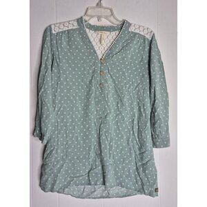 Matilda Jane Shirt Blouse Green Polka Dots Size S Retro Wood Buttons Lace Womens